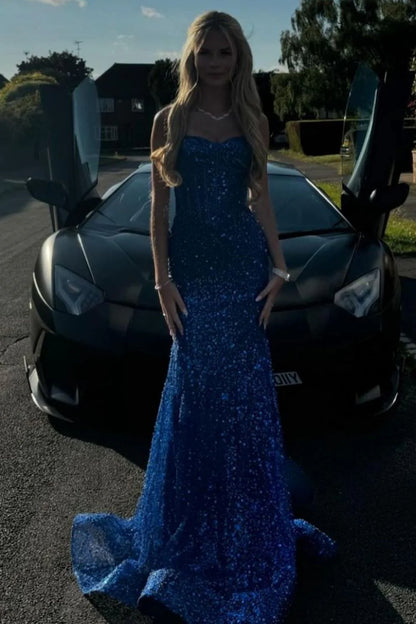 Bling Mermaid Spaghetti Straps Light Blue Sequins Long Prom Dress AD112
