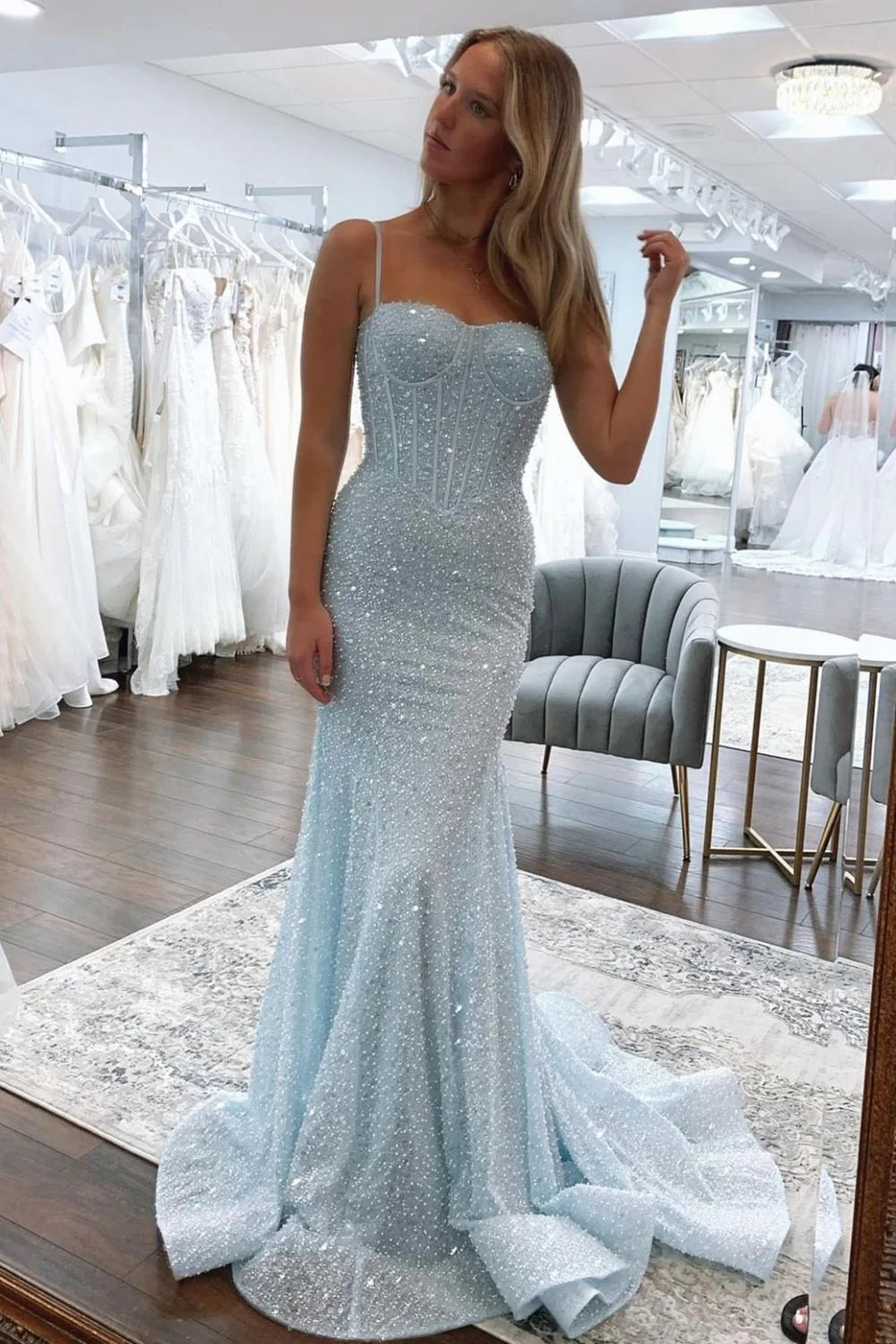 Bling Mermaid Spaghetti Straps Light Blue Sequins Long Prom Dress AD112