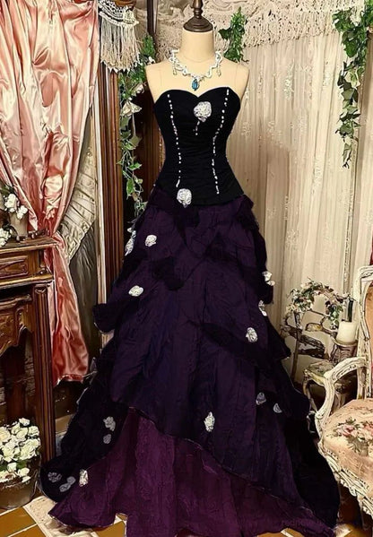 Luxurious Purple To Blue Ombre Strapless Ruched Bodice Beaded Accents 3D Floral Layered Ruffled Mermaid Long Prom Dress AD1121