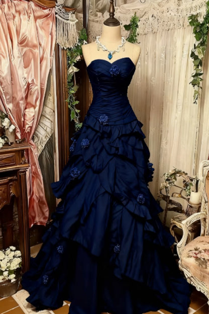 Luxurious Purple To Blue Ombre Strapless Ruched Bodice Beaded Accents 3D Floral Layered Ruffled Mermaid Long Prom Dress AD1121
