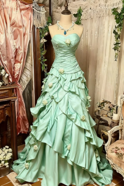 Luxurious Purple To Blue Ombre Strapless Ruched Bodice Beaded Accents 3D Floral Layered Ruffled Mermaid Long Prom Dress AD1121