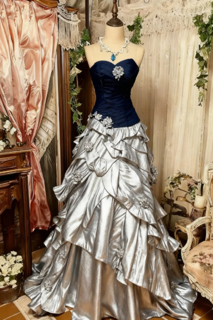 Luxurious Purple To Blue Ombre Strapless Ruched Bodice Beaded Accents 3D Floral Layered Ruffled Mermaid Long Prom Dress AD1121