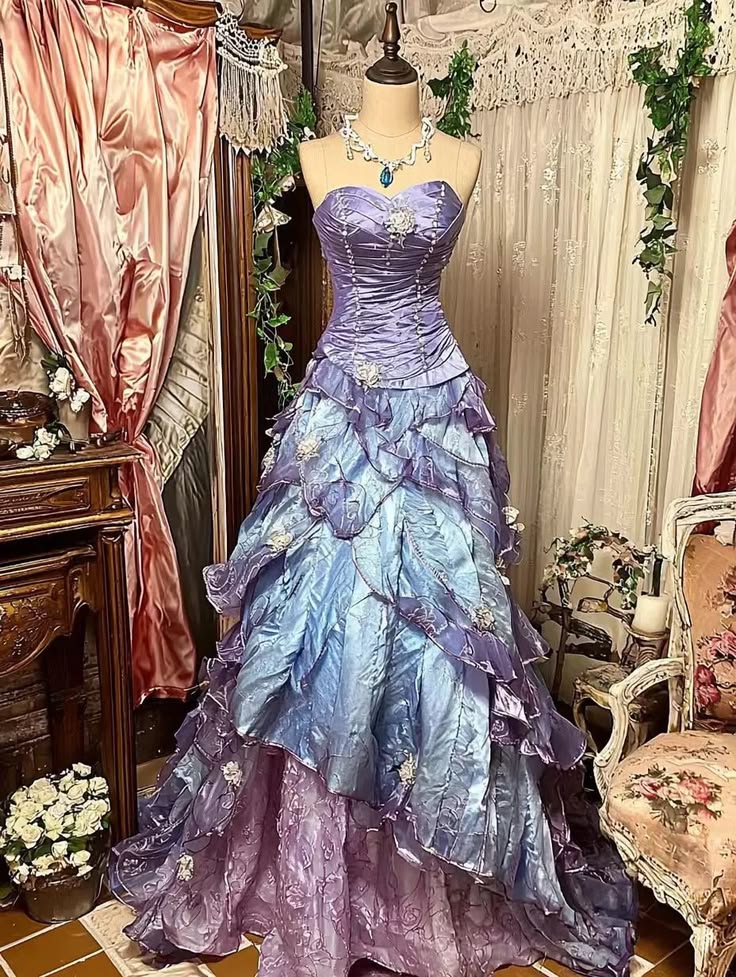 Luxurious Purple To Blue Ombre Strapless Ruched Bodice Beaded Accents 3D Floral Layered Ruffled Mermaid Long Prom Dress AD1121