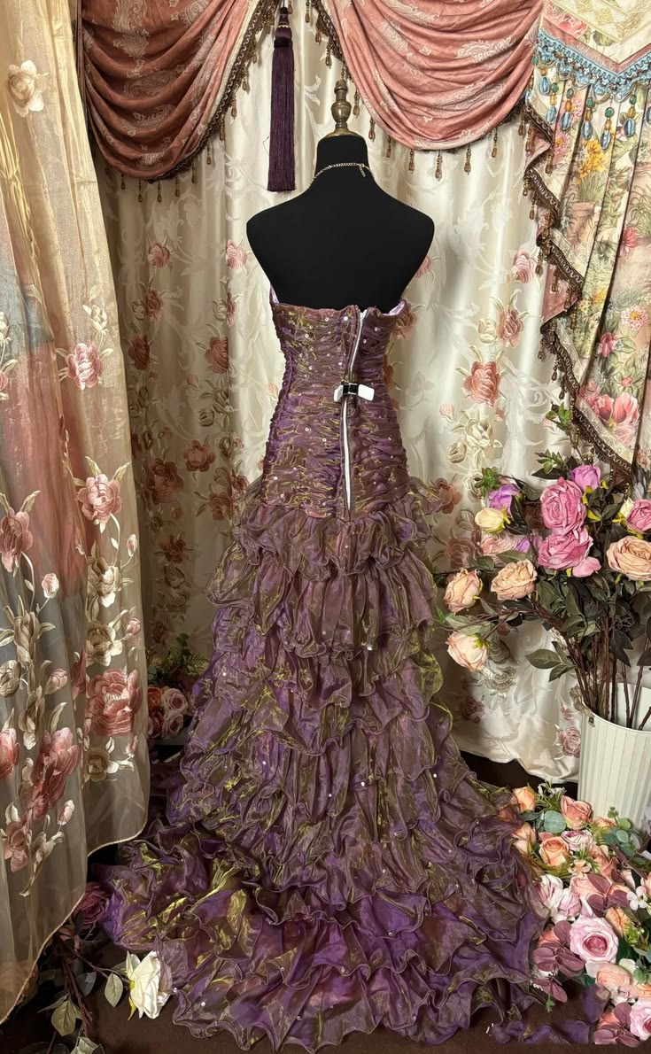 Mysterious Purple Strapless Ruched Sequin Multi-Layer Ruffled Mermaid Long Prom Dress AD1122