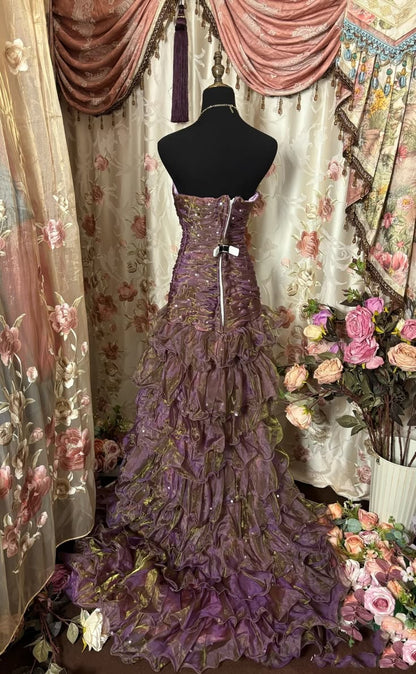 Mysterious Purple Strapless Ruched Sequin Multi-Layer Ruffled Mermaid Long Prom Dress AD1122