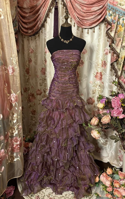 Mysterious Purple Strapless Ruched Sequin Multi-Layer Ruffled Mermaid Long Prom Dress AD1122