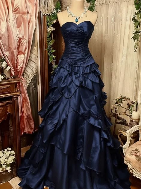 Elegant Navy Blue Strapless Sweetheart Neck Ruched Bodice 3D Floral Appliques Multi-Tier Ruffle Mermaid Long Prom Dress AD1123