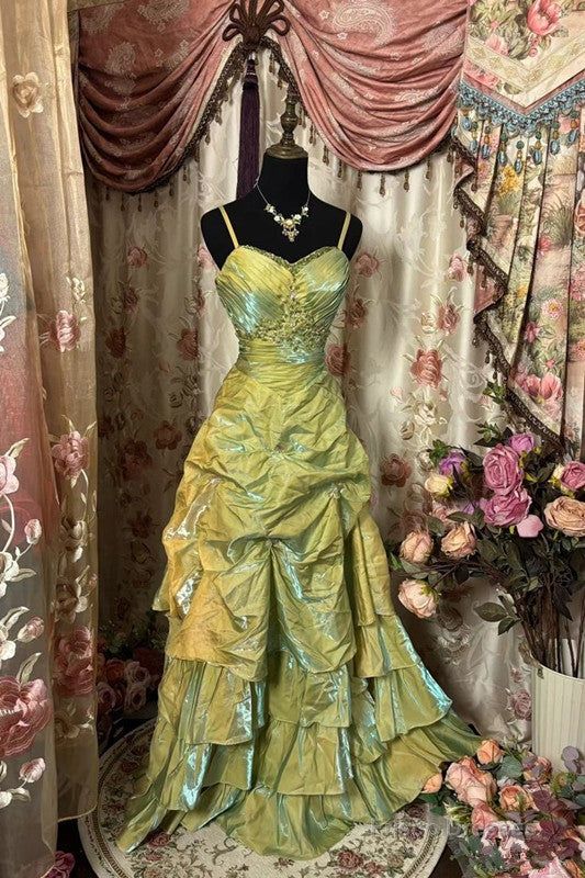 Shimmer Green Spaghetti Strap Sweetheart Beaded Ruched Bodice Draped Ruffled Layered Mermaid Long Prom Dress AD1124