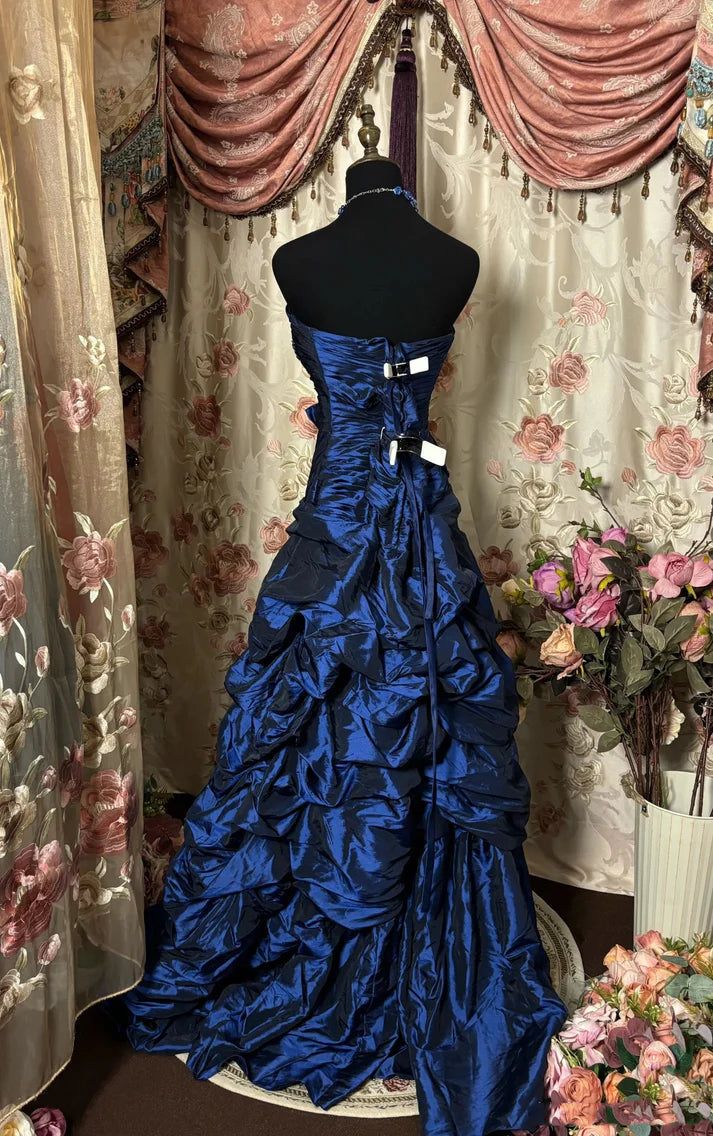 Regal Royal Blue Strapless Sweetheart Neck Beaded Ruched Bodice Draped Ruffled Satin Long Mermaid Prom Dress AD1125