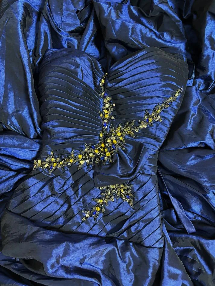 Regal Royal Blue Strapless Sweetheart Neck Beaded Ruched Bodice Draped Ruffled Satin Long Mermaid Prom Dress AD1125