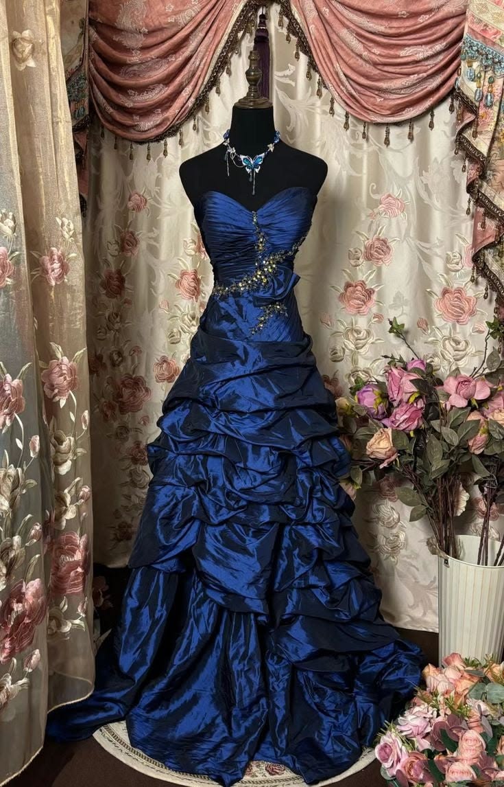 Regal Royal Blue Strapless Sweetheart Neck Beaded Ruched Bodice Draped Ruffled Satin Long Mermaid Prom Dress AD1125