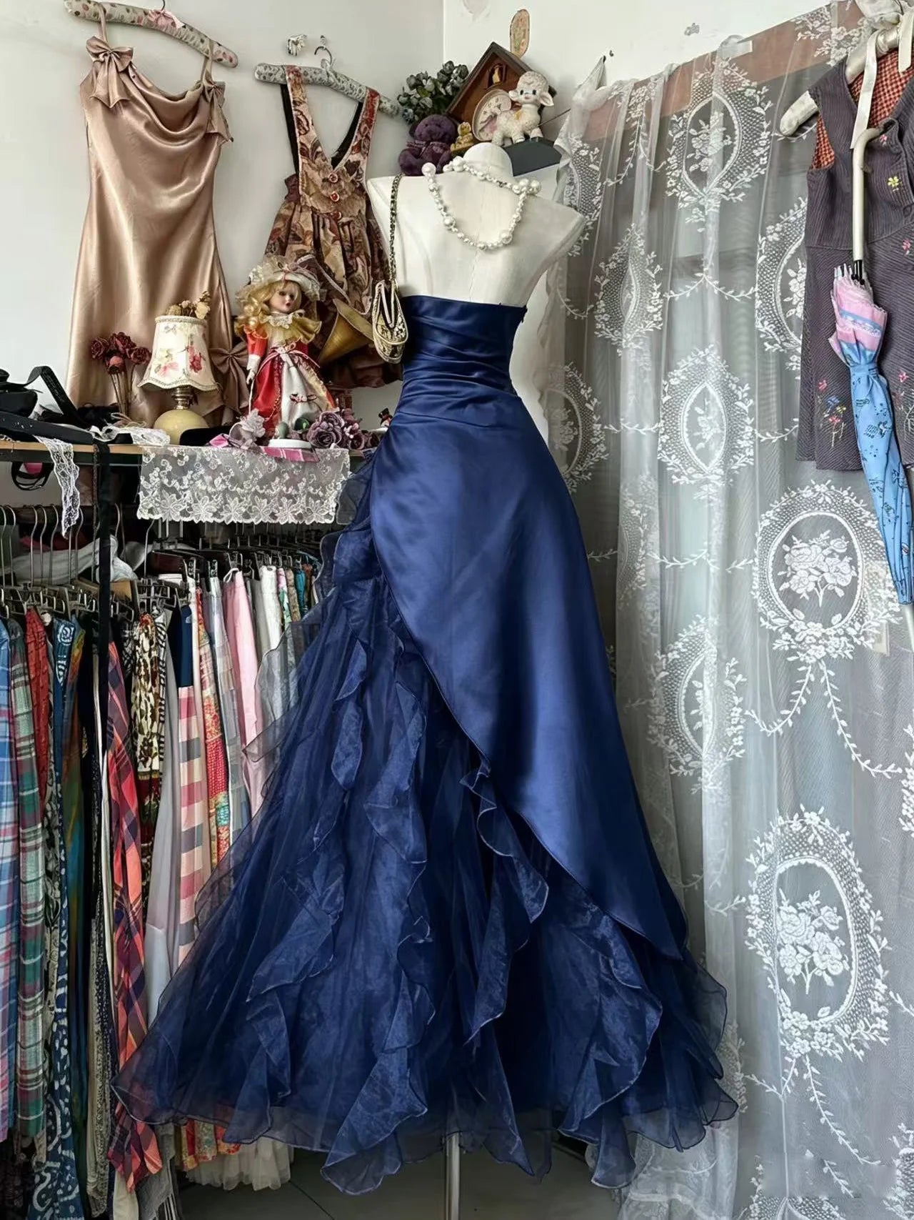 Elegant Navy Blue Strapless Satin Multi-Tier Ruffled Organza Mermaid Long Prom Dress AD1127