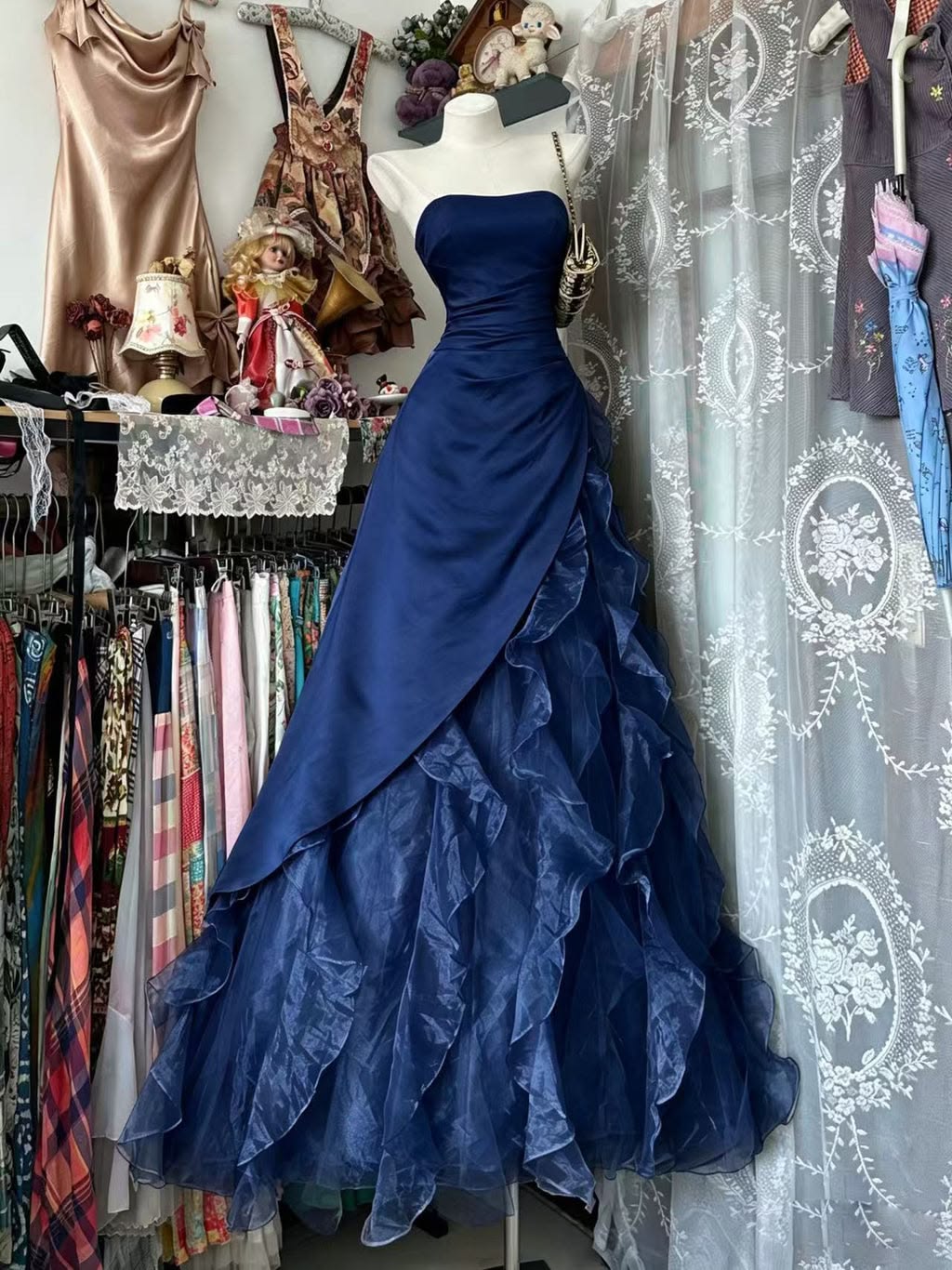 Elegant Navy Blue Strapless Satin Multi-Tier Ruffled Organza Mermaid Long Prom Dress AD1127