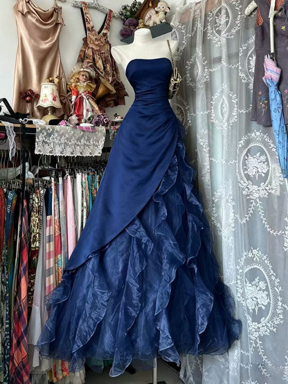Elegant Navy Blue Strapless Satin Multi-Tier Ruffled Organza Mermaid Long Prom Dress AD1127