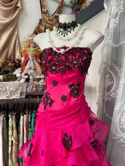 Striking Hot Pink Strapless Sequin Lace Floral Appliques Ruched Waist Tiered Organza Ruffle Skirt Mermaid Long Prom Dress AD1128