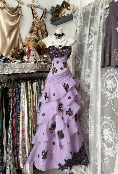 Striking Hot Pink Strapless Sequin Lace Floral Appliques Ruched Waist Tiered Organza Ruffle Skirt Mermaid Long Prom Dress AD1128
