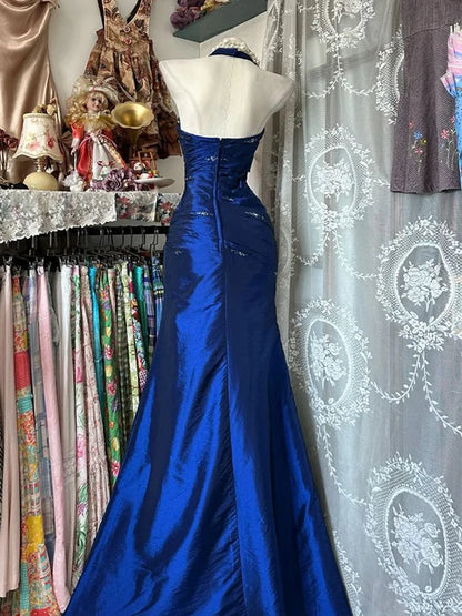 Luxurious Royal Blue Halter Beaded Pleated Satin Long Mermaid Prom Dress AD1129