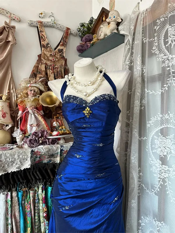 Luxurious Royal Blue Halter Beaded Pleated Satin Long Mermaid Prom Dress AD1129