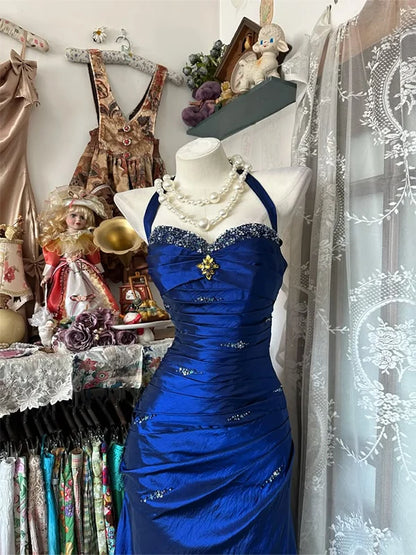 Luxurious Royal Blue Halter Beaded Pleated Satin Long Mermaid Prom Dress AD1129