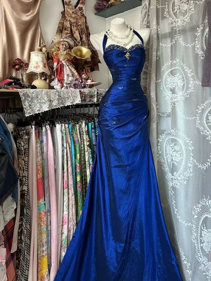 Luxurious Royal Blue Halter Beaded Pleated Satin Long Mermaid Prom Dress AD1129