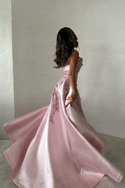 Luxurious A-Line Strapless Satin Pink Party Dress With Court Train Appliques AD113