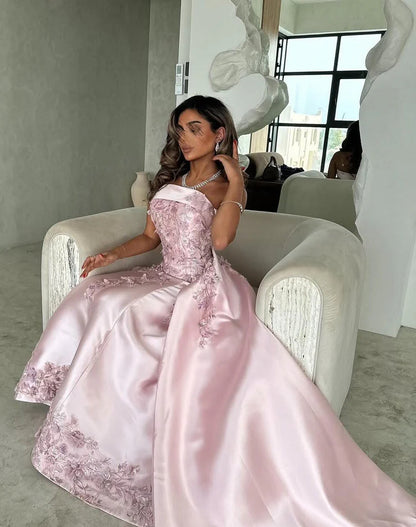 Luxurious A-Line Strapless Satin Pink Party Dress With Court Train Appliques AD113