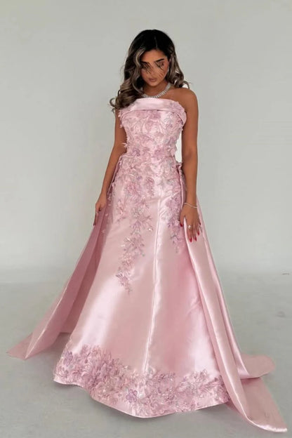 Luxurious A-Line Strapless Satin Pink Party Dress With Court Train Appliques AD113