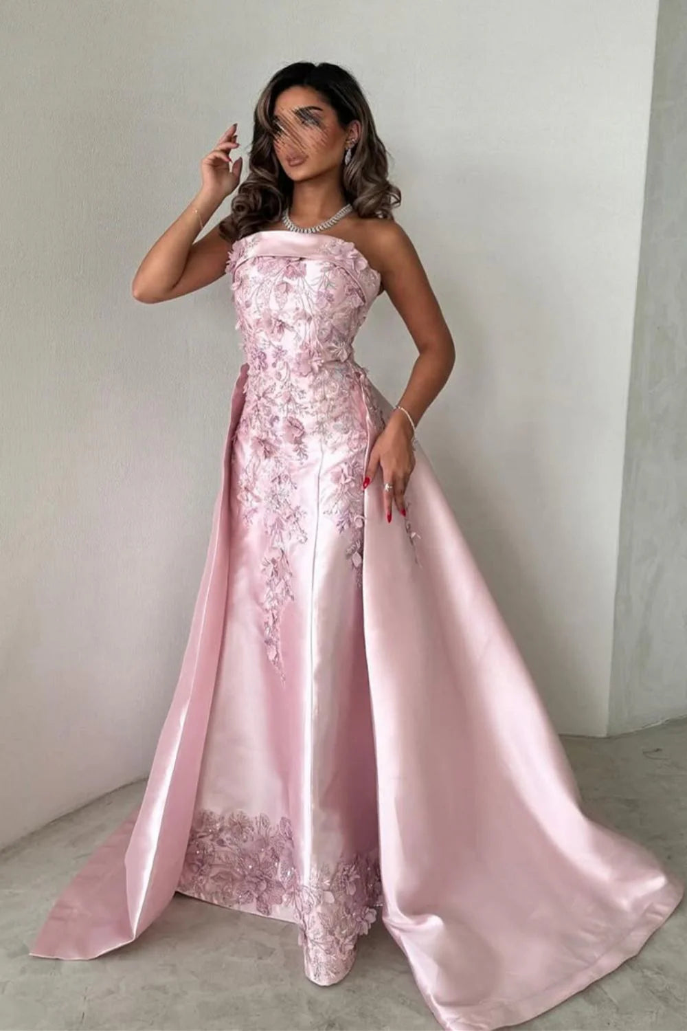 Luxurious A-Line Strapless Satin Pink Party Dress With Court Train Appliques AD113