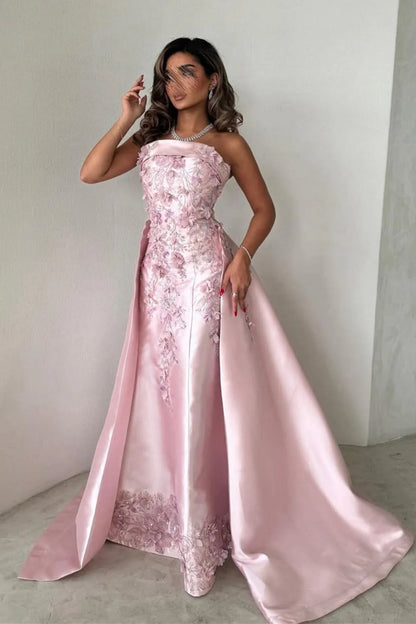 Luxurious A-Line Strapless Satin Pink Party Dress With Court Train Appliques AD113