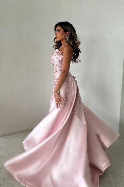 Luxurious A-Line Strapless Satin Pink Party Dress With Court Train Appliques AD113