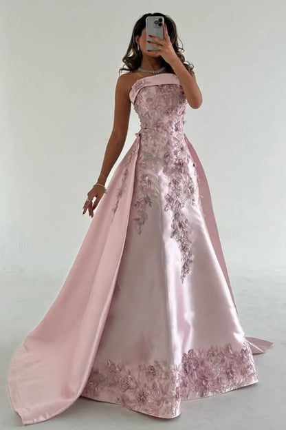 Luxurious A-Line Strapless Satin Pink Party Dress With Court Train Appliques AD113