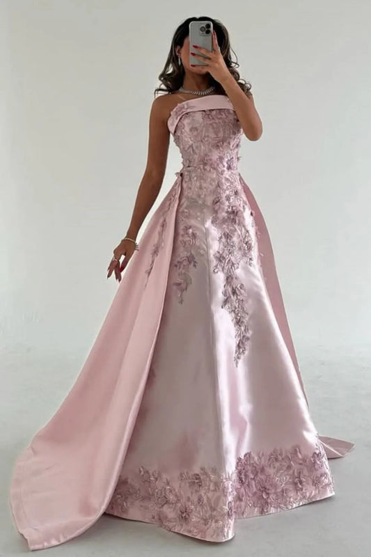 Luxurious A-Line Strapless Satin Pink Party Dress With Court Train Appliques AD113