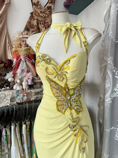 Delicate Yellow Halter Sequin Beaded Mermaid Long Prom Dress AD1130
