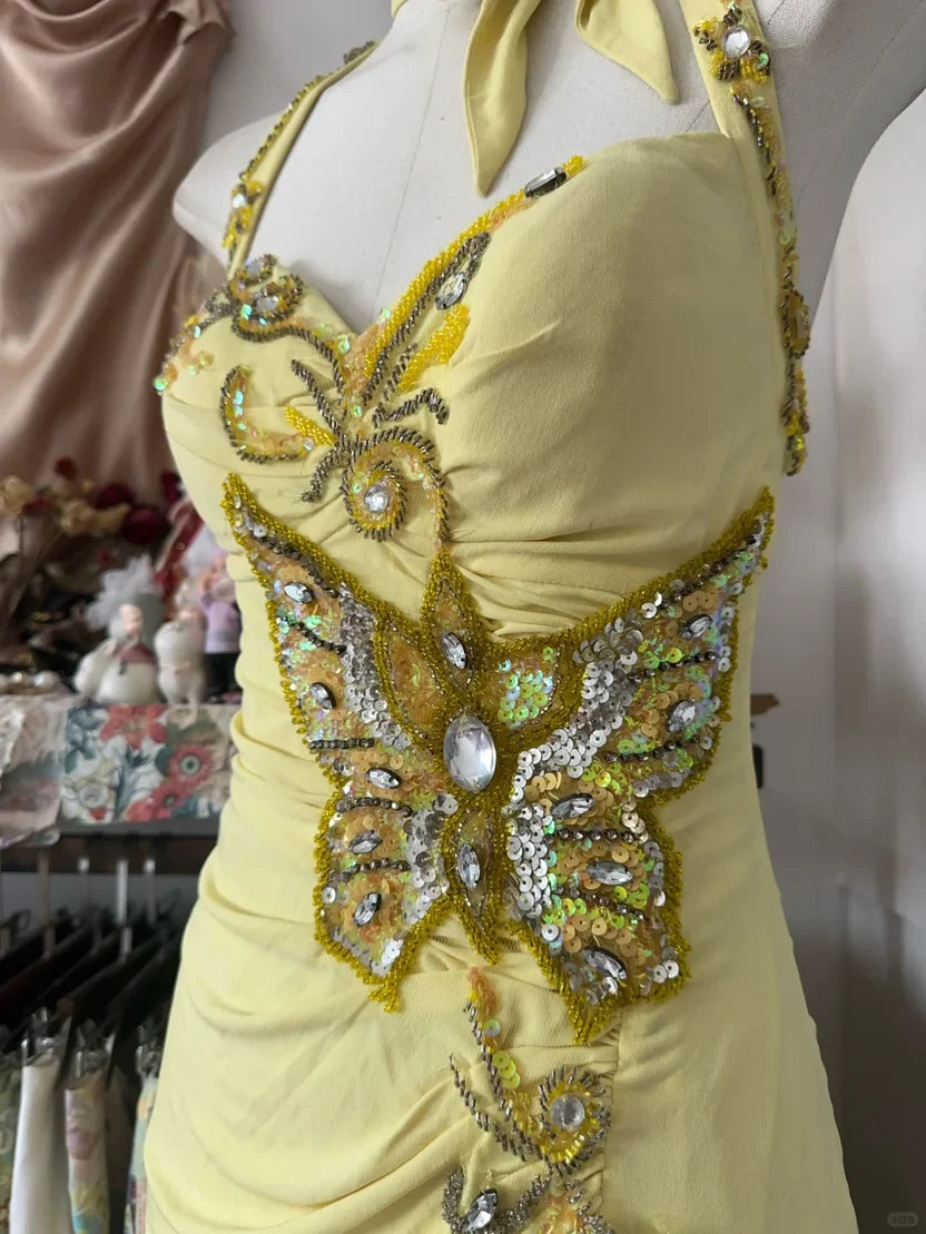 Delicate Yellow Halter Sequin Beaded Mermaid Long Prom Dress AD1130