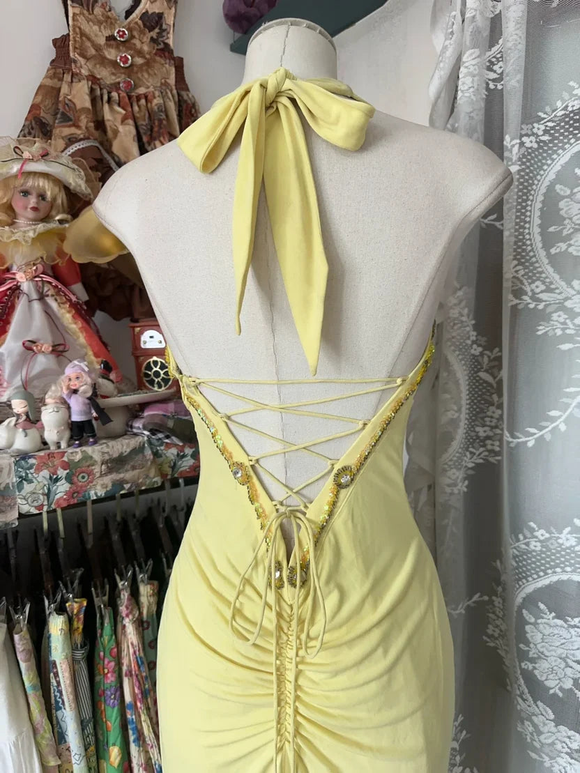 Delicate Yellow Halter Sequin Beaded Mermaid Long Prom Dress AD1130
