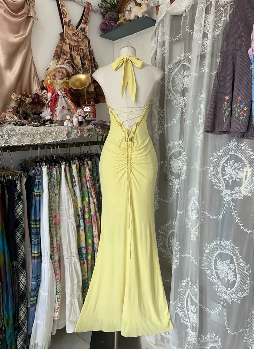 Delicate Yellow Halter Sequin Beaded Mermaid Long Prom Dress AD1130
