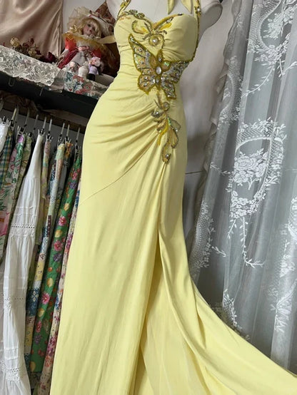 Delicate Yellow Halter Sequin Beaded Mermaid Long Prom Dress AD1130