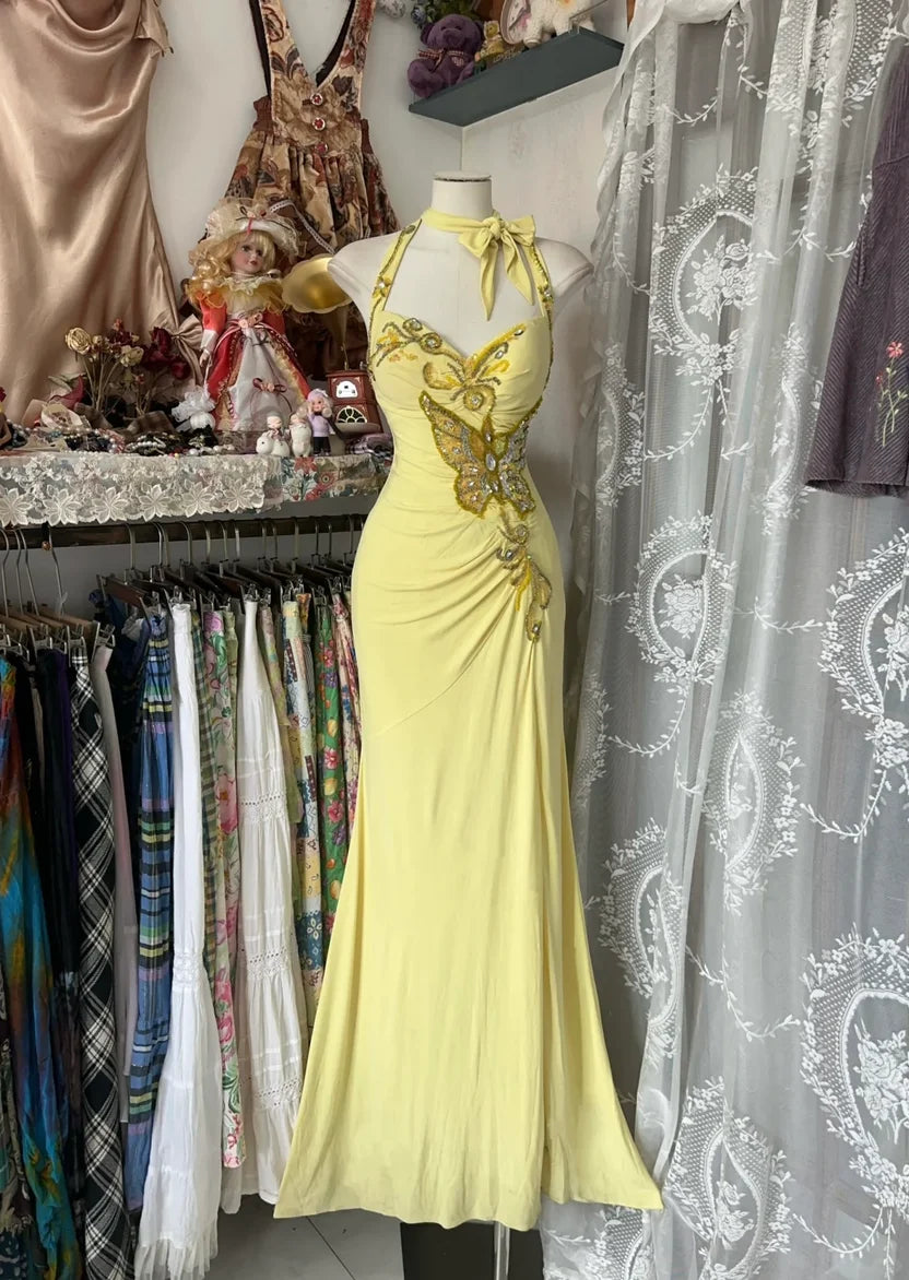 Delicate Yellow Halter Sequin Beaded Mermaid Long Prom Dress AD1130