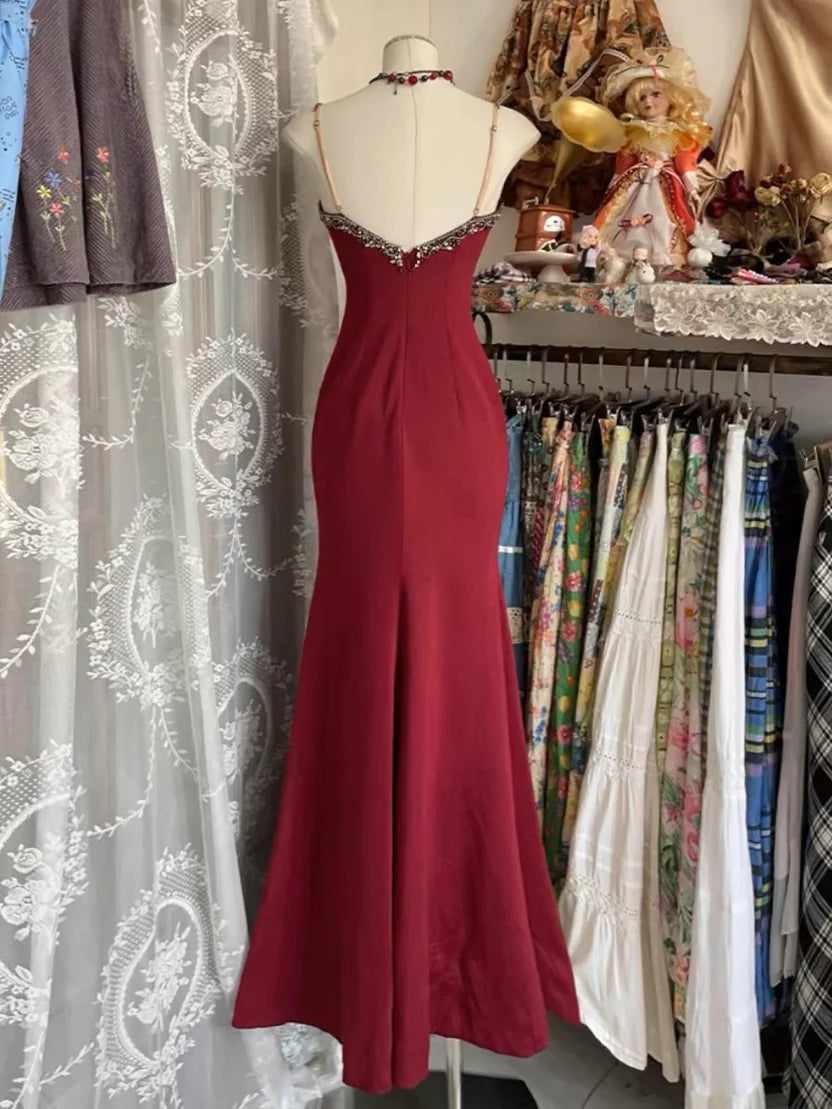 Glam Burgundy Spaghetti Straps V-Neck Rhinestone Lace Panel Mermaid Long Prom Dress AD1131