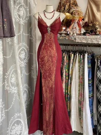 Glam Burgundy Spaghetti Straps V-Neck Rhinestone Lace Panel Mermaid Long Prom Dress AD1131