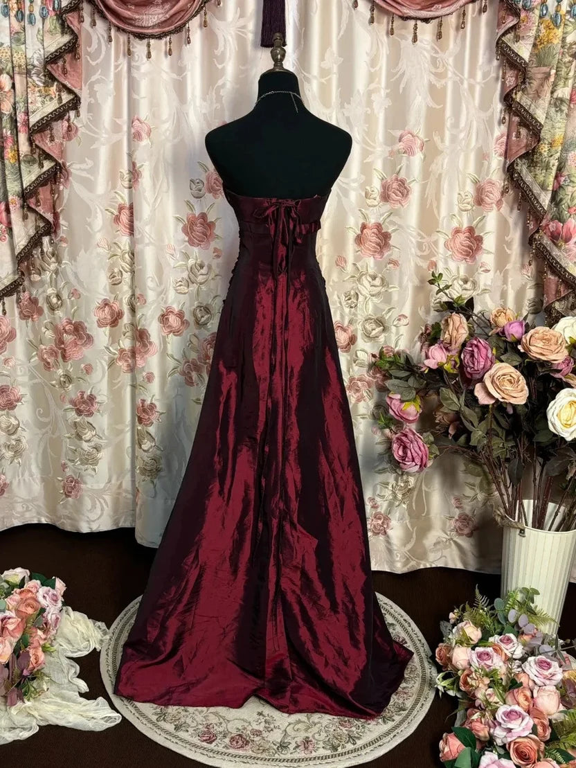 Luxe Burgundy Strapless Sweetheart Neck Ruched 3D Rose Mermaid Long Prom Dress AD1132