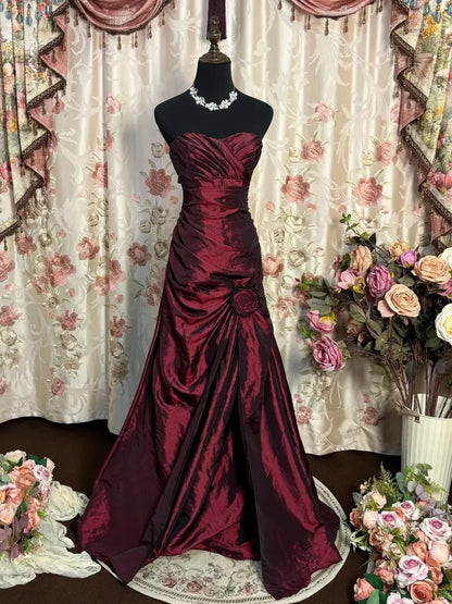 Luxe Burgundy Strapless Sweetheart Neck Ruched 3D Rose Mermaid Long Prom Dress AD1132