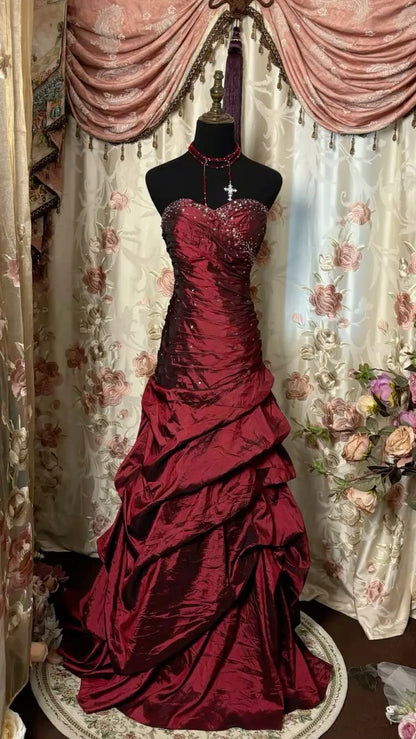 Glam Burgundy Strapless Sweetheart Neck Beaded Ruched Mermaid Long Prom Dress AD1133
