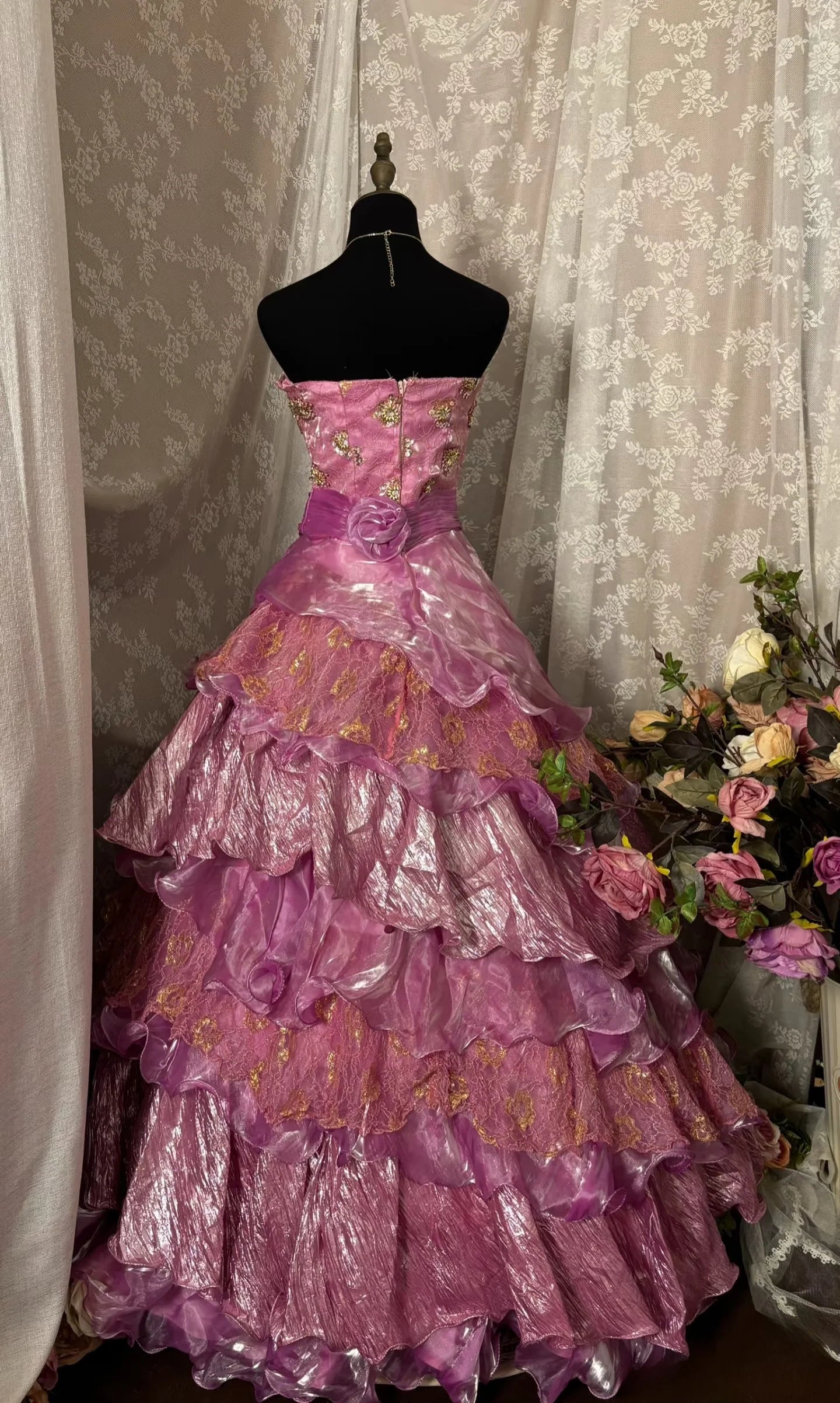 Dreamy Magenta Strapless Gold Sequin Appliques Waist Floral Sash Multi-Tier Ruffled Organza A Line Ball Gown Long Prom Dress AD1134