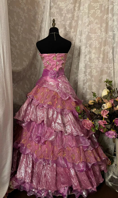Dreamy Magenta Strapless Gold Sequin Appliques Waist Floral Sash Multi-Tier Ruffled Organza A Line Ball Gown Long Prom Dress AD1134