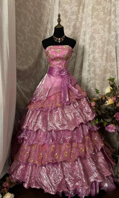 Dreamy Magenta Strapless Gold Sequin Appliques Waist Floral Sash Multi-Tier Ruffled Organza A Line Ball Gown Long Prom Dress AD1134