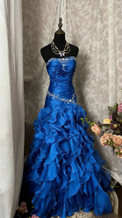 Enchanted Green Strapless Lace Applique Ruched Bodice Layered Ruffle Mermaid Long Prom Dress AD1135