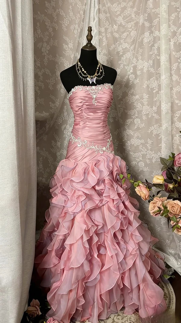 Enchanted Green Strapless Lace Applique Ruched Bodice Layered Ruffle Mermaid Long Prom Dress AD1135