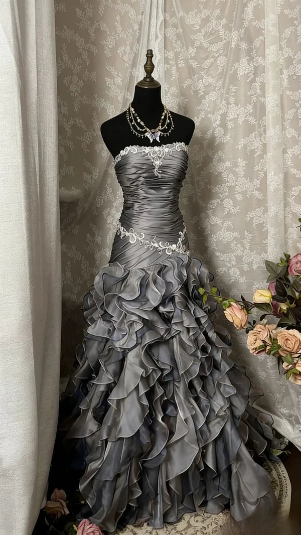 Enchanted Green Strapless Lace Applique Ruched Bodice Layered Ruffle Mermaid Long Prom Dress AD1135