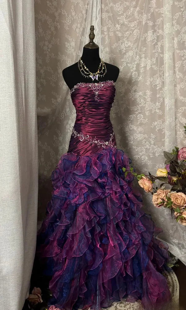 Enchanted Green Strapless Lace Applique Ruched Bodice Layered Ruffle Mermaid Long Prom Dress AD1135
